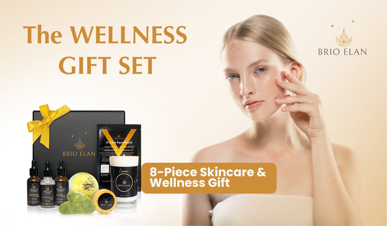 Woman wrapped in a towel and delicately touching her face. The products are grouped together
