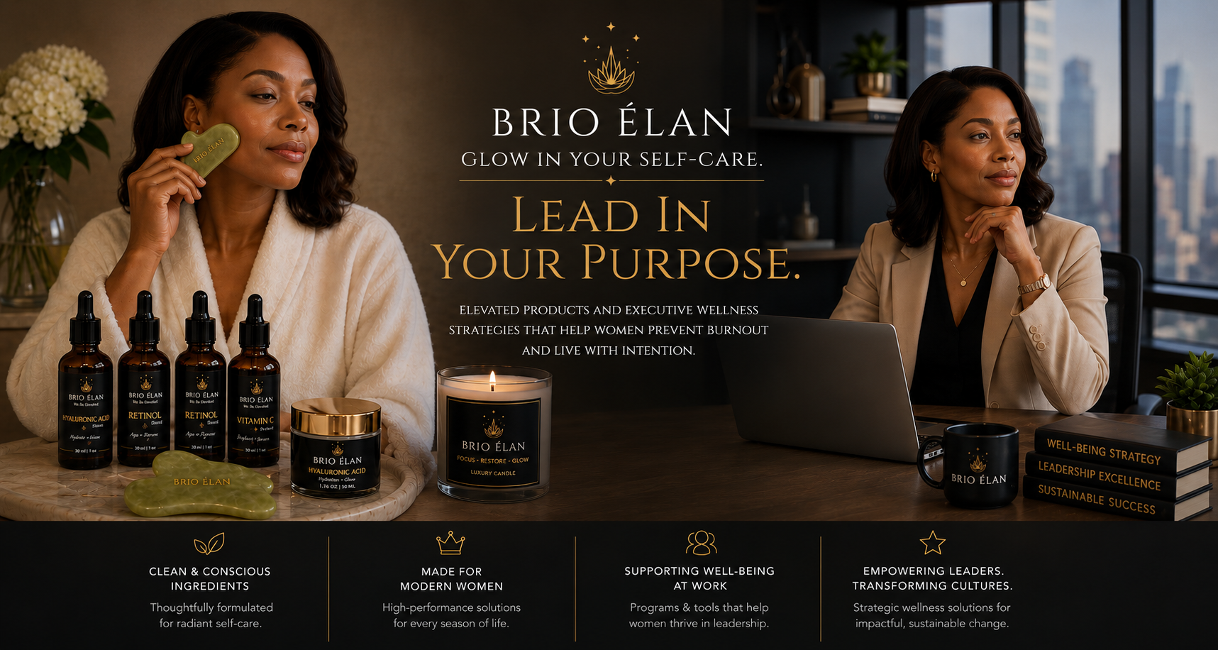 Brio Elan self-care products with two images of a woman and product display.