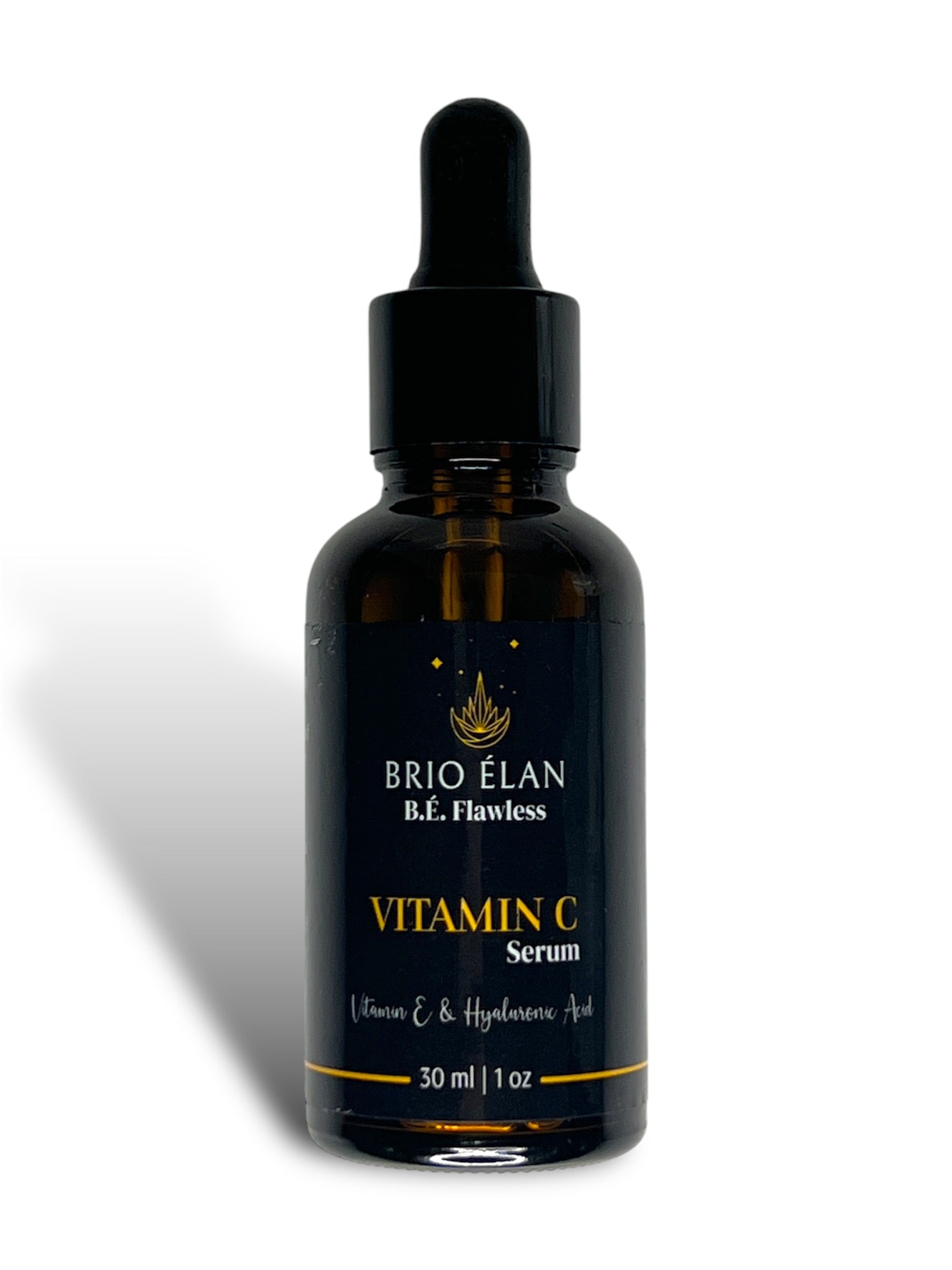 A bottle of BRIO ÉLAN Vitamin C Serum, with dropper, on a white background.