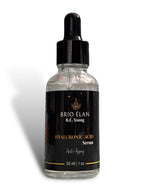 A 30mL clear glass bottle with a dropper containing Hyaluronic Acid Facial Serum, labeled BRIO ÉLAN against a white background.