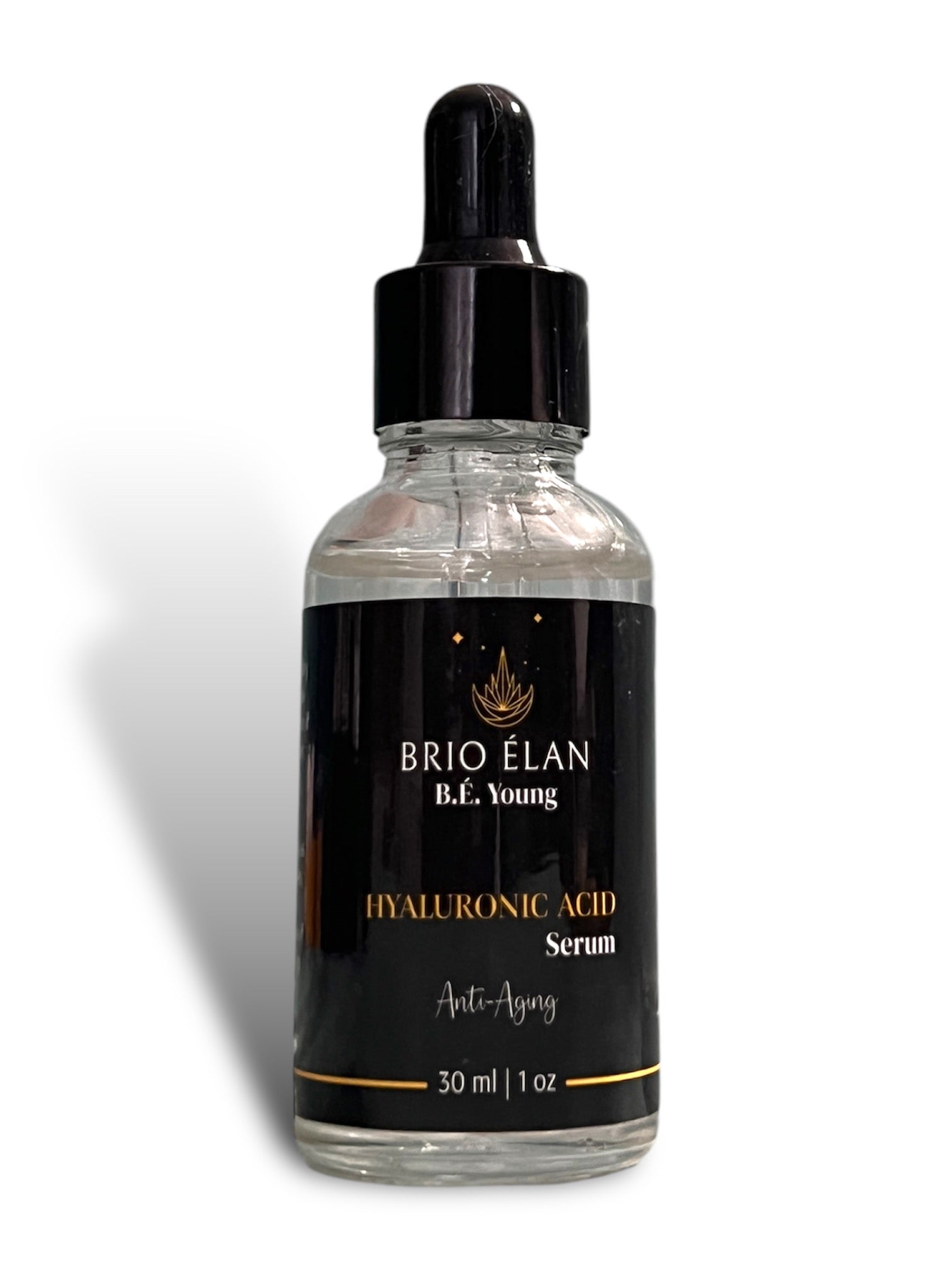 A 30mL clear glass bottle with a dropper containing Hyaluronic Acid Facial Serum, labeled BRIO ÉLAN against a white background.